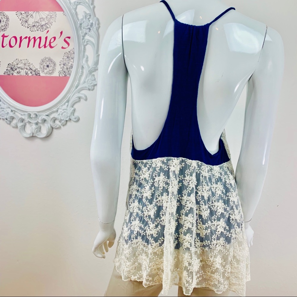 Kori / Floral Crochet Lace Blue Racerback - Picture 2 of 8